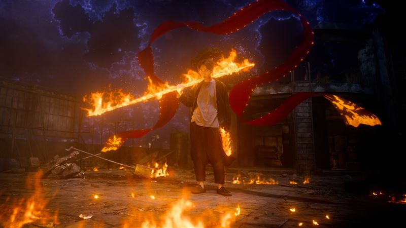 柯震東飾演三太子乩身韓杰手持火尖槍在符咒啟動時爆發出金光與火紋特效，展現強烈神性力量。（圖／Netflix提供）