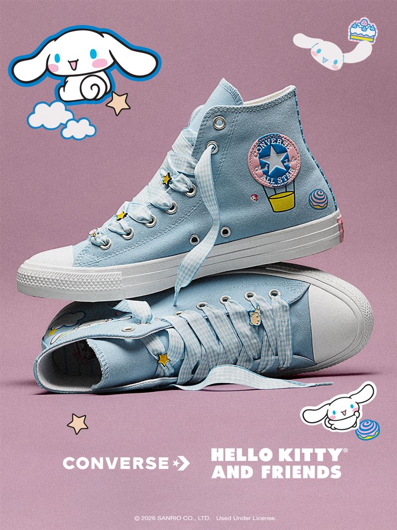 以大耳狗喜拿（CINNAMOROLL）為主題，特別設計的鞋面與CHUCK圓標相呼應。（圖／品牌業者提供）