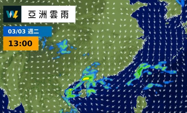今日華南雲雨區東移，水氣偏多。（圖／翻攝自天氣風險 WeatherRisk）