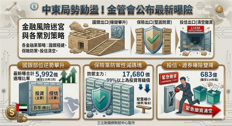 受中東局勢動盪影響，金管會公布最新曝險統計。國銀部位小幅攀升至5992億元，其中UAE為首選；保險業則減碼606億元，並有99%資金配置於投資等級債，展現審慎防禦姿態。（AI製圖）