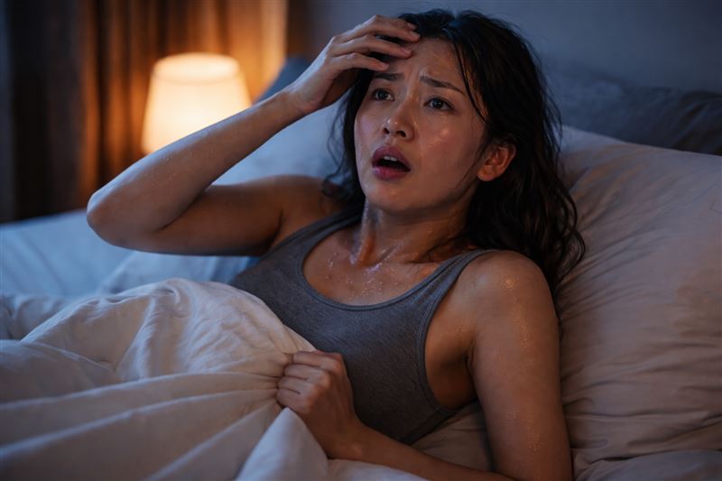 營養師曾建銘指出，半夜睡覺突然驚醒、心跳加速、全身冒冷汗，在臨床上稱為「夜間盜汗」，多半與飲食有關。（示意圖／AI製圖）