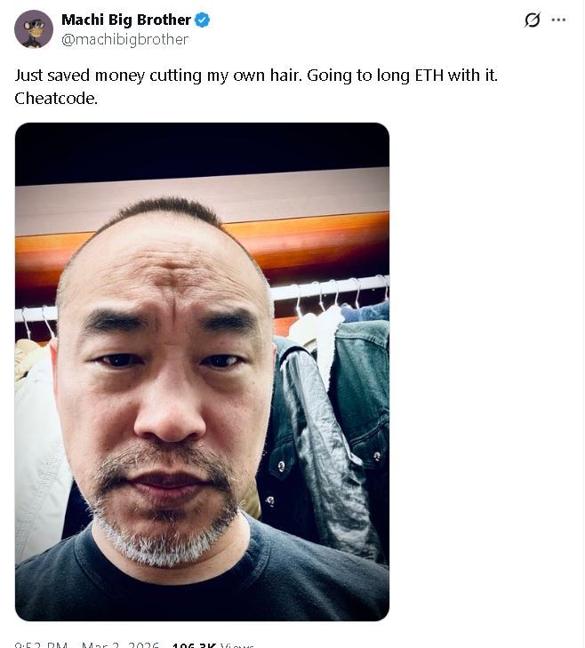 黃立成在X平台苦笑說：「自己剪頭髮省下來的錢，打算拿去做多以太幣，根本是作弊密技。」（圖／翻攝自X）