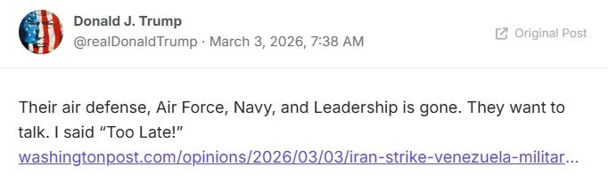 川普：伊朗軍力與領導層瓦解，現在想談判已太遲。（圖／翻攝自Trump's Truth）