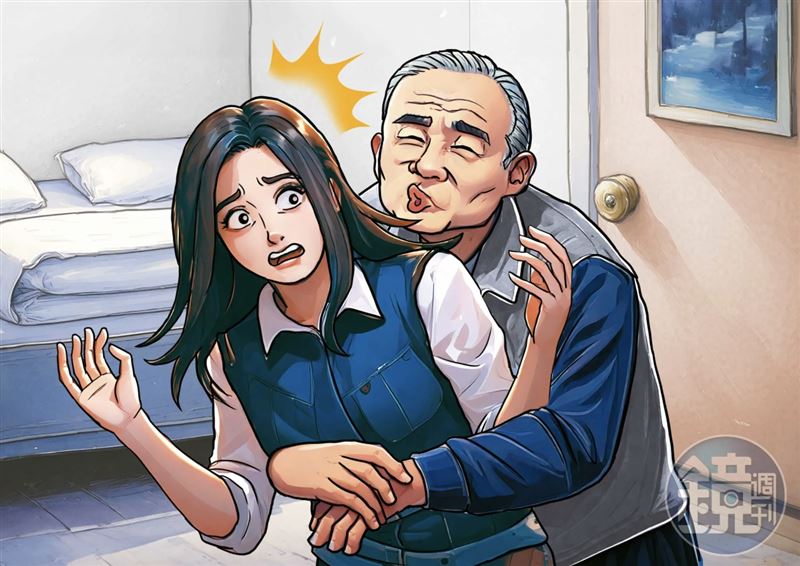 林勝東（右）趁洪佳君（左）上完廁所，從洪的後方熊抱，企圖強吻。（AI繪圖Adobe Firefly生成，本刊美術組後製）