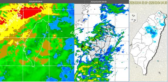 今晨4:40紅外線色調強化雲圖顯示，鋒面雲系接續逼近(左)。雷達回波合成圖顯示，降水回波強弱不均(中)。4:30累積雨量圖顯示，各地區已有零星飄雨、中部山區較明顯(右)