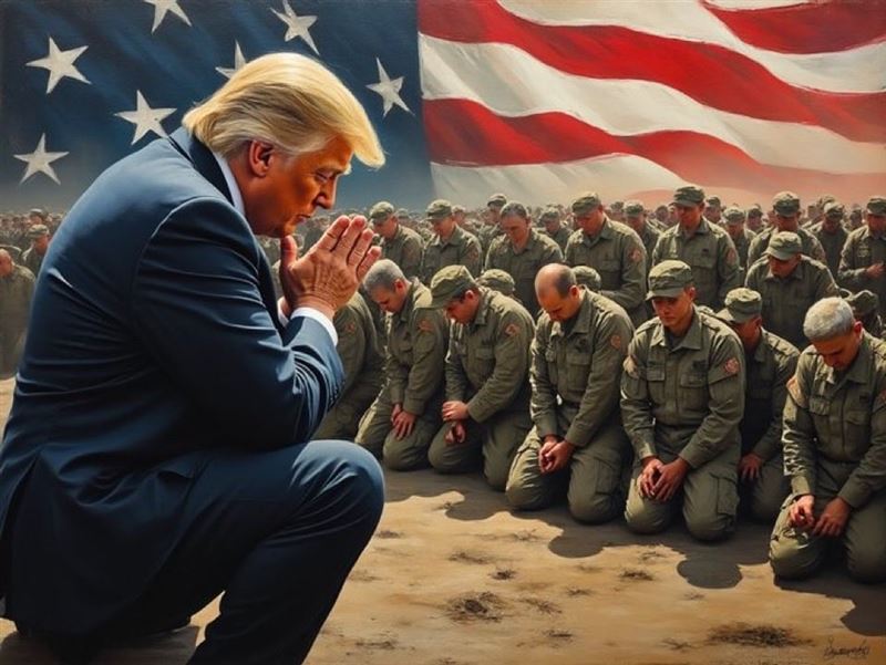 川普任內,基督教基本教義派在美軍內部盛行,並有將川普神聖化的傾向。這張X平台網友所繪製的川普為美軍祈禱圖畫,即為一例。(圖/翻攝自X平台 @GnosisWolf)