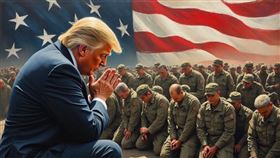 川普任內，基督教基本教義派在美軍內部盛行，並有將川普神聖化的傾向。這張X平台網友所繪製的川普為美軍祈禱圖畫，即為一例。（圖／翻攝自X平台 @GnosisWolf）