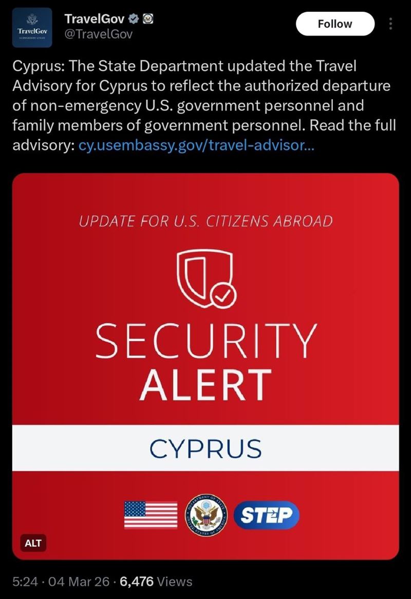 隨著伊朗無人機日前襲擊賽普勒斯的英軍基地未果，美國國務院4日發布安全警示，授權非必要人員撤離該歐盟國家。（圖／翻攝自X平台 @project_omnis）