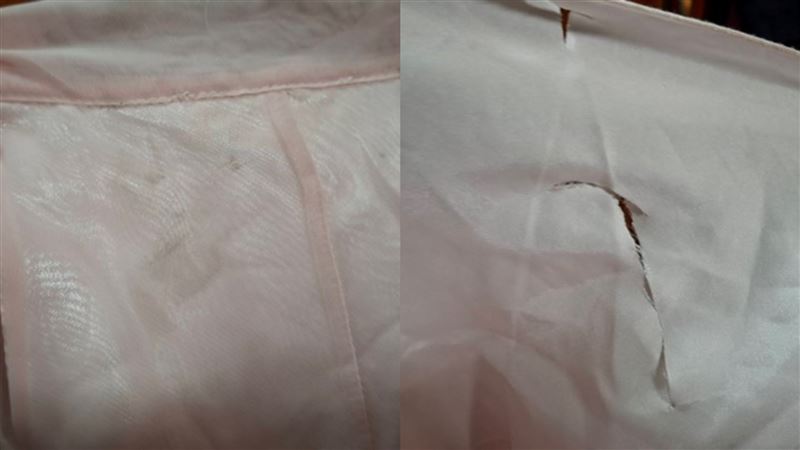家長為小朋友準備的全新表演衣服遭人用利器剪爛還有踩踏弄髒的痕跡。（圖／讀者提供）