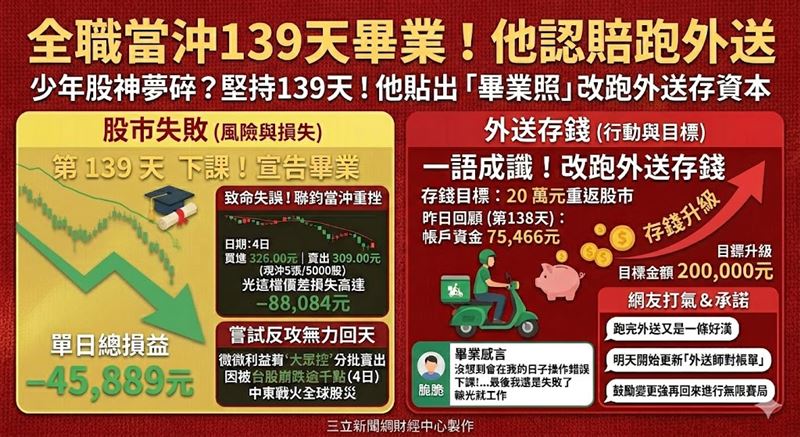 全職交易員挑戰第139天宣告失敗！因標的「聯鈞」操作失誤慘賠8.8萬元，帳戶資本見底。他誠實貼出對帳單宣布「畢業」，並將兌現承諾轉職外送員，目標存到20萬元再重返股市戰場，引發網友熱烈打氣。（AI製圖）
