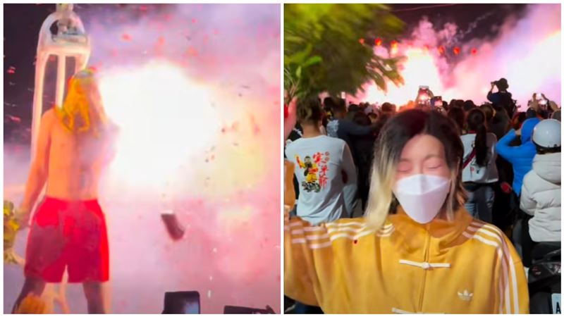 DJ SODA拿著一把枝葉，模仿寒單爺的動作。（圖／翻攝自DJ SODA臉書）