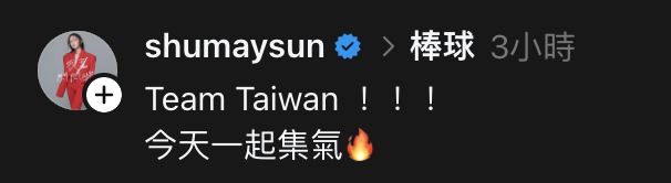 孫淑媚在社群平台發文力挺台灣隊。（圖／翻攝自Threads @shumaysun）