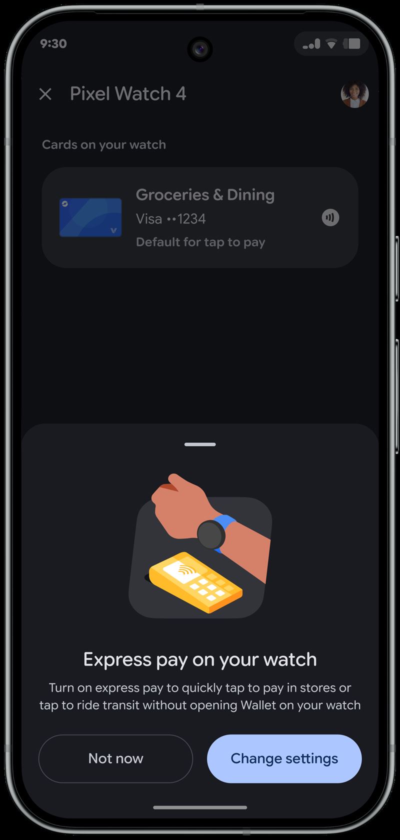 開啟全新的快速支付(express pay) 功能,不需要事先開啟Google錢包,就能直接用手錶感應完成付款