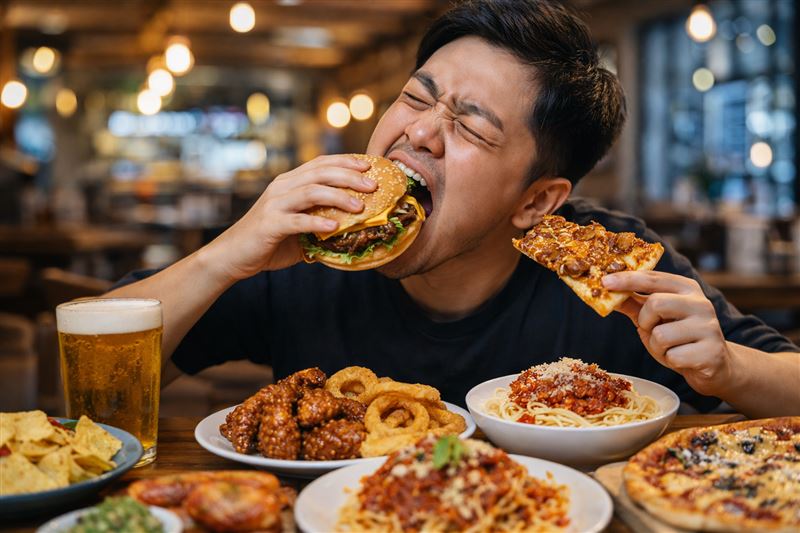 許多人減重破功，未必是意志力薄弱。家醫科醫師黃乙絜指出，高鹽飲食刺激大腦與飢餓素分泌，讓人越吃越多，建議少吃加工食品，多選新鮮原型食物，降低鹽分攝取。（示意圖／AI製圖）