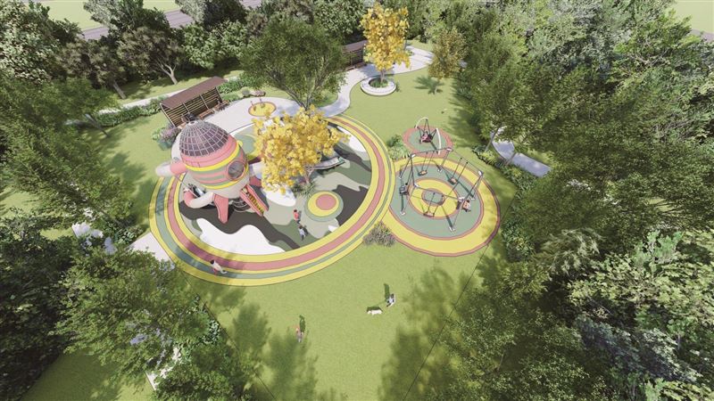 第二期開發工程以類似砲彈造型打造遊戲空間，透過滑梯、攀爬架等多元互動設施，讓兒童們自由探索與冒險。（圖／臺南市永康區公所、地政局提供）