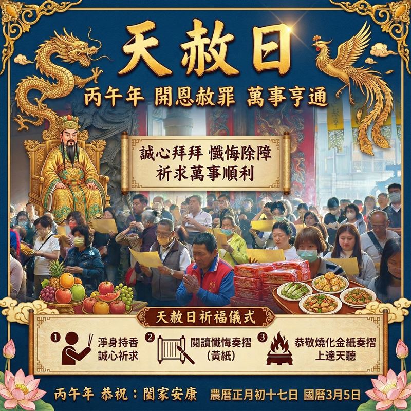 今日是二十四節氣中的「驚蟄」，碰上2026年首個「天赦日」，高雄鳳山天公廟也分享3個轉運小撇步。（圖／翻攝自高雄鳳山天公廟 臉書）