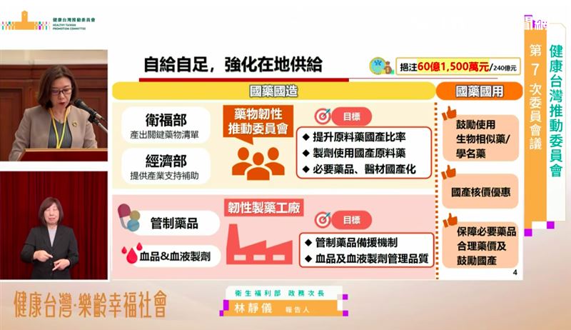 林靜儀表示，衛福部將推動國藥國造，包含列出關鍵藥品與醫材清單，預計明年將建制第二家管制藥品製藥工廠。（圖／翻攝自總統府發言人YT直播）