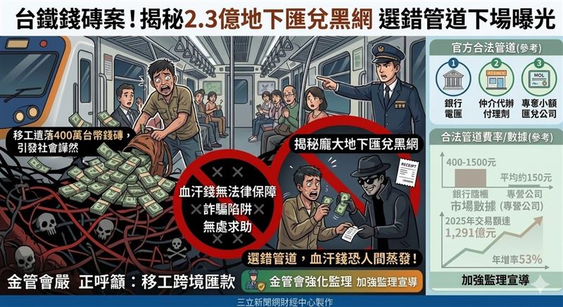 台鐵掉錢案扯出2.3億地下匯兌！金管會指路三大合法管道，其中特許5家App業者每筆手續費僅150元，遠低於銀行。去年匯款金額飆破1,291億，提醒移工選對正軌，守護辛苦血汗錢！（AI製圖）