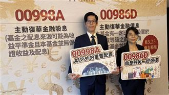 復華投信將於3月23日募集「金融股債雙收傘型基金」，旗下包含00998A與00986D兩檔主動式ETF 。看好金融股低波動、報酬穩健特性，以及金融債長期折價後的增值潛力，提供投資人分散AI風險、穩定收息的高品質新選擇 。（圖／記者師瑞德攝影）