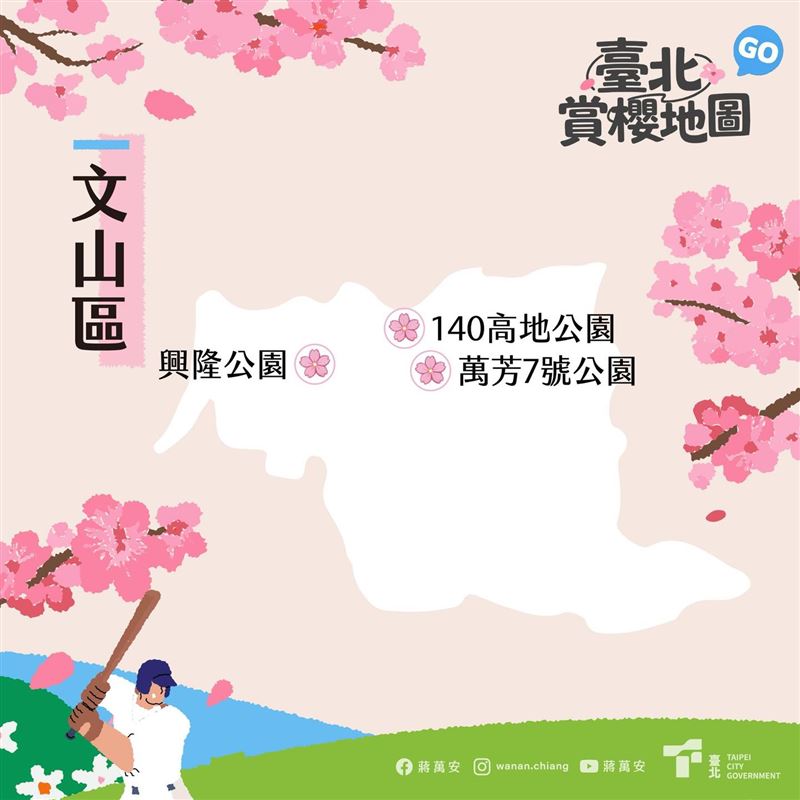 應援台灣隊，蔣萬安公布北市櫻花地圖表示「傳說，只要親手接住飄落的櫻花花瓣，心中的願望就能實現。」（圖／翻攝自蔣萬安臉書）