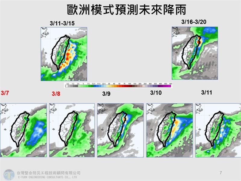 歐洲模式預測未來一週降雨熱區。（圖／翻攝自賈新興 臉書）