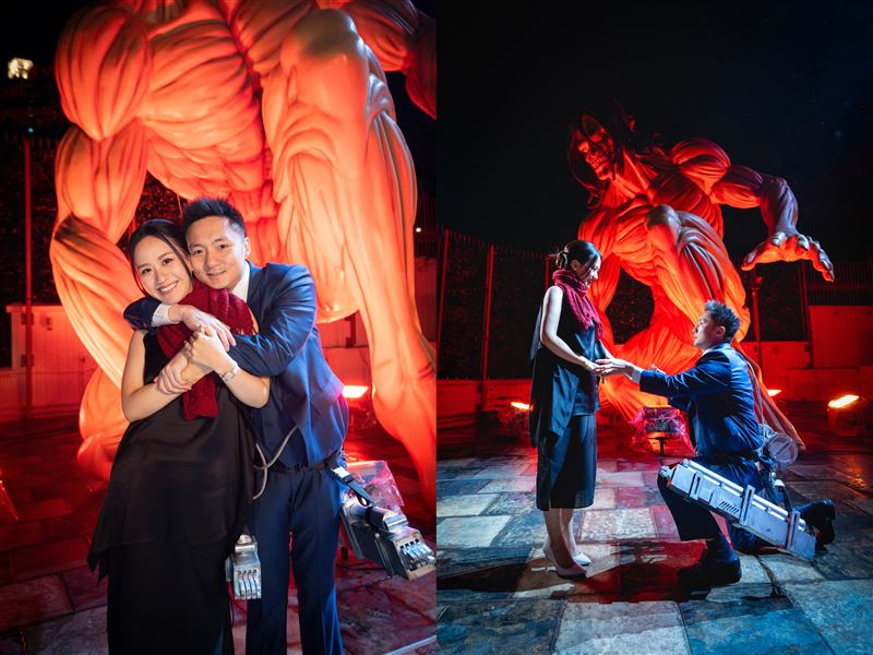 左-鍾培生與莊雅婷在巨人甜蜜合照、右-鍾培生為莊雅婷戴上頸巾，然後跪地讀出求婚承諾