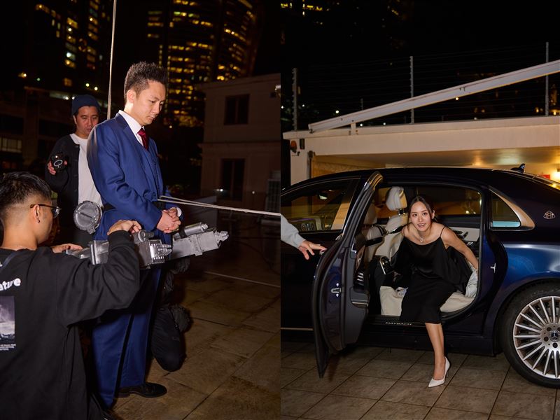 左-邀得國際級電影導演組及武術動作特技團隊策劃，破天荒在住宅內設置「鋼絲」裝置、右-莊雅婷驚喜步入淺水灣鍾家大宅