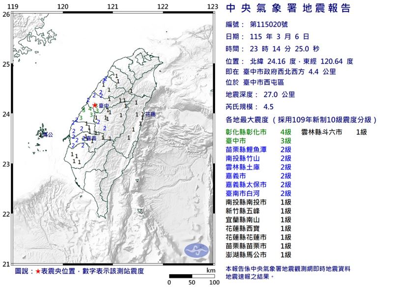 6日深夜11點14分，中部地區發生芮氏規模4.5地震。（圖／中央氣象署）