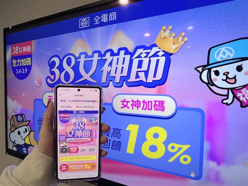全電商女神節撒券，消費滿380元享38折優惠。(圖／全聯提供）