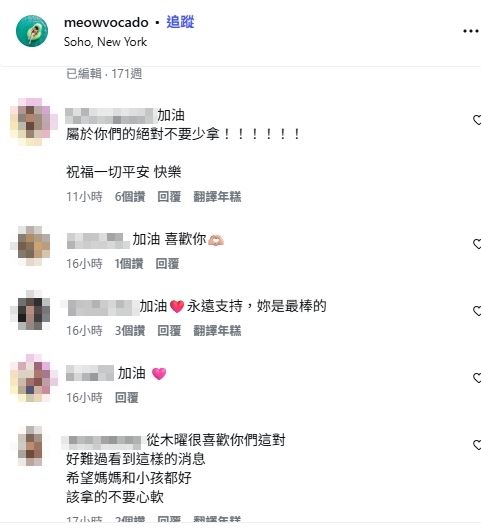 不少網友仍力挺正宮，留言喊話：「不要心軟，要讓外遇男受懲罰！可憐了孩子們」、「加油！小三會有報應的！外遇男也會」、「你值得更好的」。（圖／翻攝自@meowvocado IG）