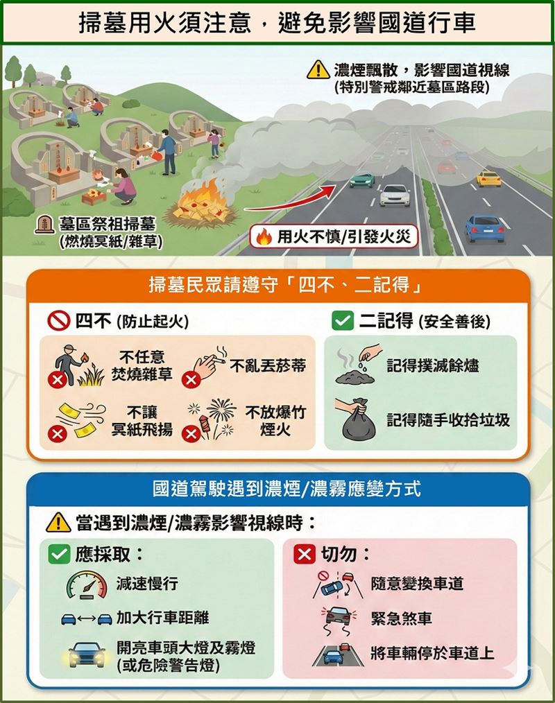 交通部高速公路局提醒，掃墓用火務必注意安全，避免煙霧影響國道行車安全。（圖／高公局提供）