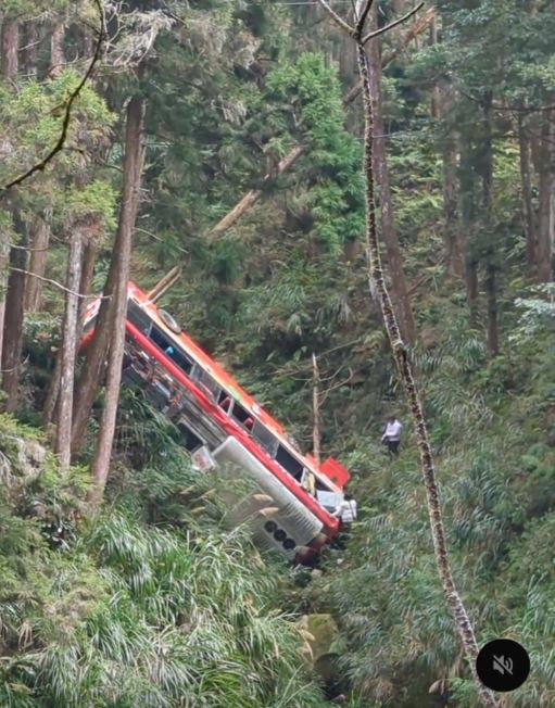 杉林溪今(9)日中午發生墜谷意外,遊覽車連人帶車翻覆溪谷,包含司機跟遊客共8人受傷、其中1人命危。(圖/翻攝自Threads @peng840406)
