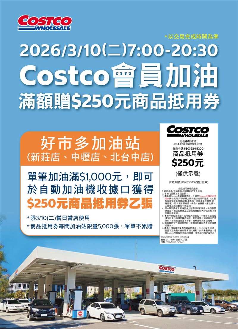 好市多3月10日推會員加油滿額贈250元商品抵用券。(圖／好市多提供)