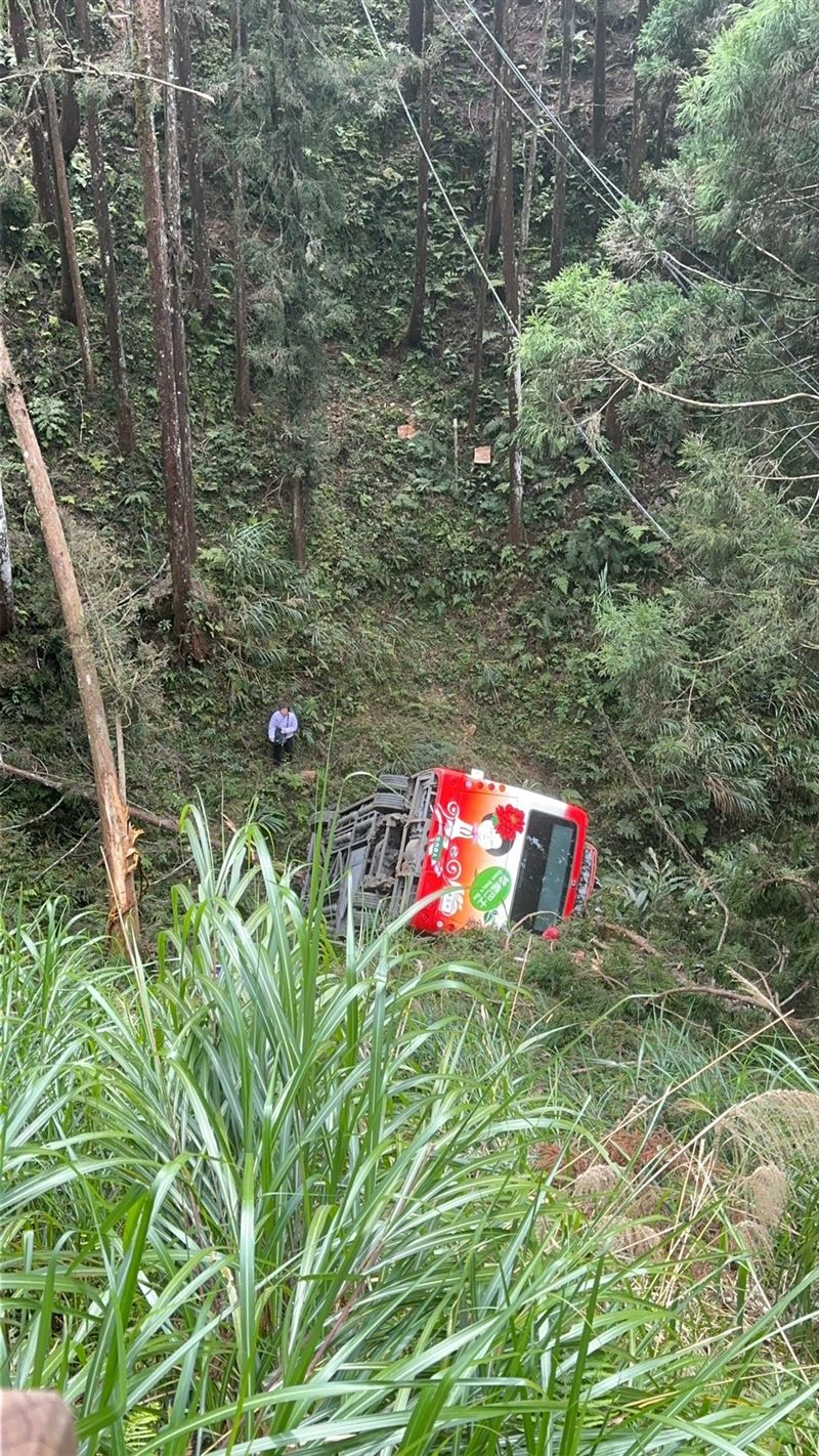 遊園接駁車司機表示,過彎時車輛突然暴衝無法煞車,擦撞山壁後墜入20公尺深的溪谷。(圖/民眾提供)