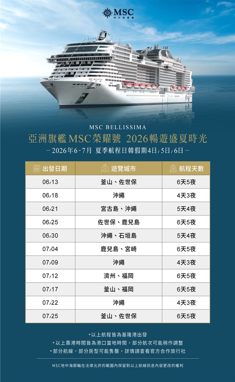MSC榮耀號夏季航程。（圖／MSC地中海郵輪提供）