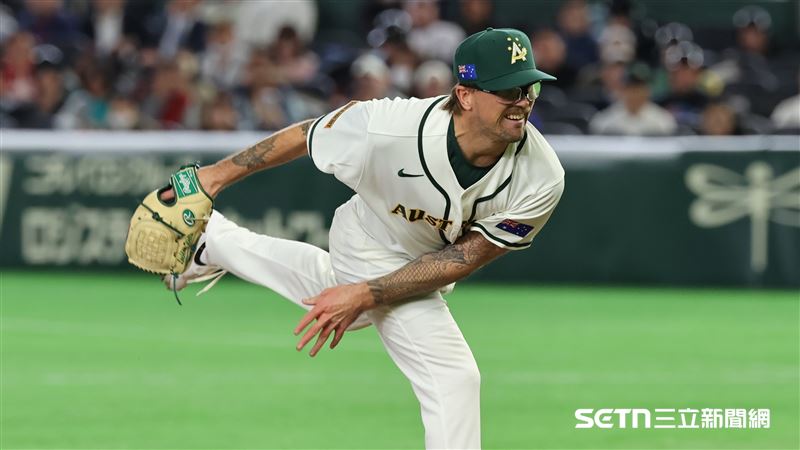 WBC韓澳戰，澳洲隊先發投手威爾斯（Lachlan Wells）。（圖／特派記者劉彥池攝影）