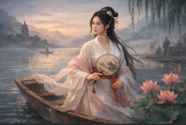 西施流傳最廣的浪漫版本是她與摯愛范蠡隱姓埋名,駕扁舟隱居於五湖之間。(示意圖/AI生成)