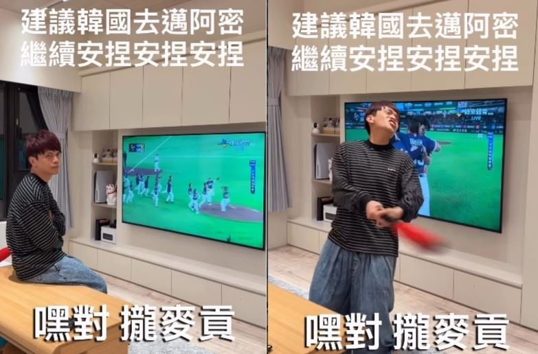 長期關注棒球賽事的蔡阿嘎當時正在觀看轉播，看到該畫面後在社群分享感想，語氣帶著無奈，並模仿球員站在打擊區的模樣說：「乾脆叫蔡波能來打好了。」（圖／翻攝自蔡阿嘎IG）