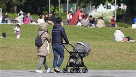2025年台灣新生兒數再創新低（1）根據內政部最新資訊，台灣2025年總人口2329萬9132人，持續負成長，此外，2025年新生兒數為10萬7812人，連10年下降，再創新低。圖為9日民眾在台北圓山花博公園推嬰兒車散步。中央社記者徐肇昌攝　115年1月9日