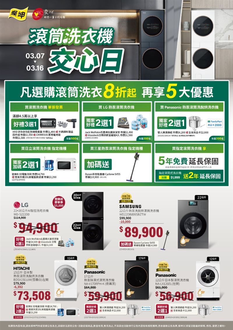 燦坤3C家電持續強化會員價值2.0,即日起至3月16日推出「燦坤滾筒洗衣機交心日」吸客