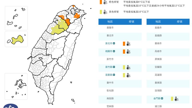 氣象署針對5縣市發布低溫特報。(圖/氣象署)