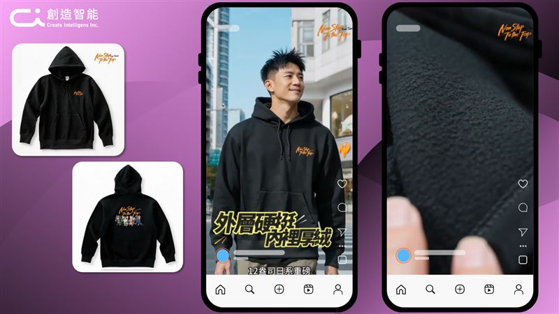 只需提供商品平拍圖，AI導演模組即可生成穿著該服飾的虛擬模特兒，並同步呈現材質細節特寫，讓服飾品牌在無需外景拍攝的情況下，打造高質感的情境廣告。（圖／創造智能提供）