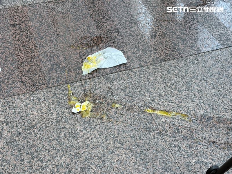 新黨副秘書長游智彬現身民進黨中央黨部丟雞蛋抗議，遭警方架離後仍不斷叫囂（圖／記者劉秀敏攝影）