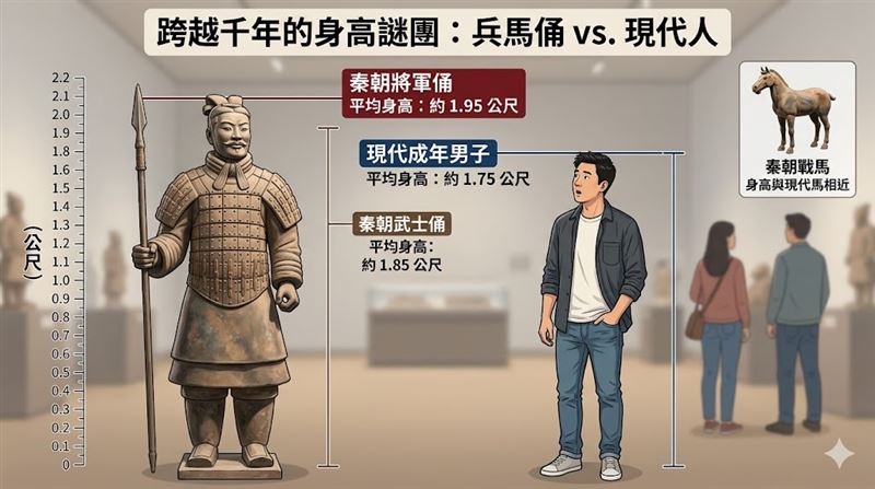 兵馬俑VS.現代人身高示意圖。（圖／AI生成）