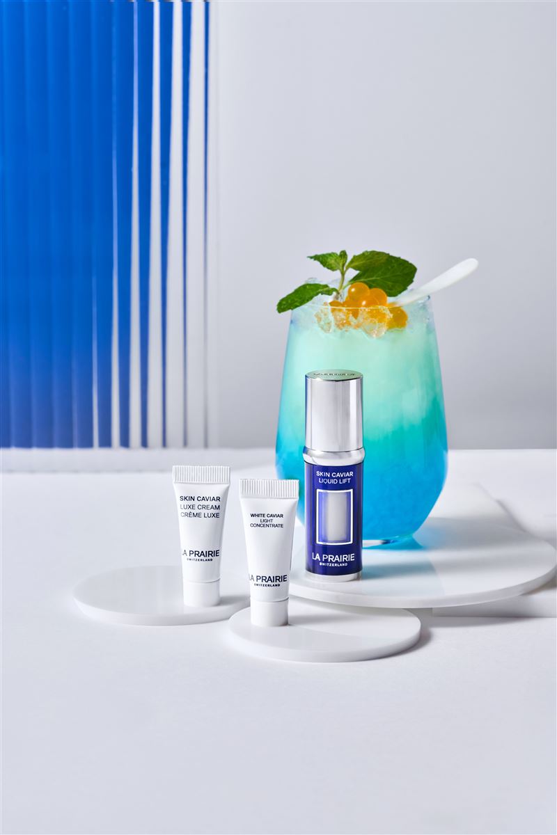 「W Tipsy Tea Feat. LA PRAIRIE」隨餐尊享之「魚子美顏禮讚」由左至右為「魚子美顏乳霜」、「鑽白魚子亮顏精萃」、「魚子反重力精華」。（圖／飯店旅宿業者提供）