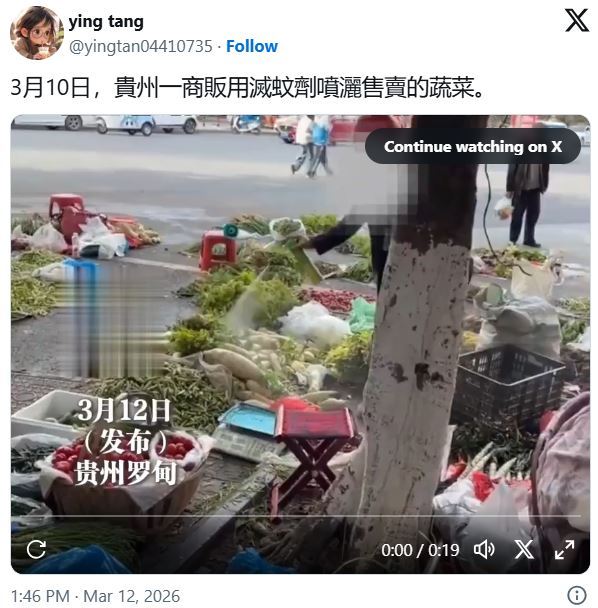 近日一段關於「中國商販用滅蚊劑噴灑豬肉、蔬菜」的驚悚影片在社群媒體瘋傳。(圖/翻攝自X平台)