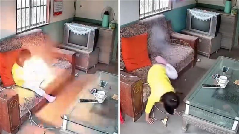 一段網路流傳影片顯示,小女孩手上的手機爆炸。(圖/翻攝自X)