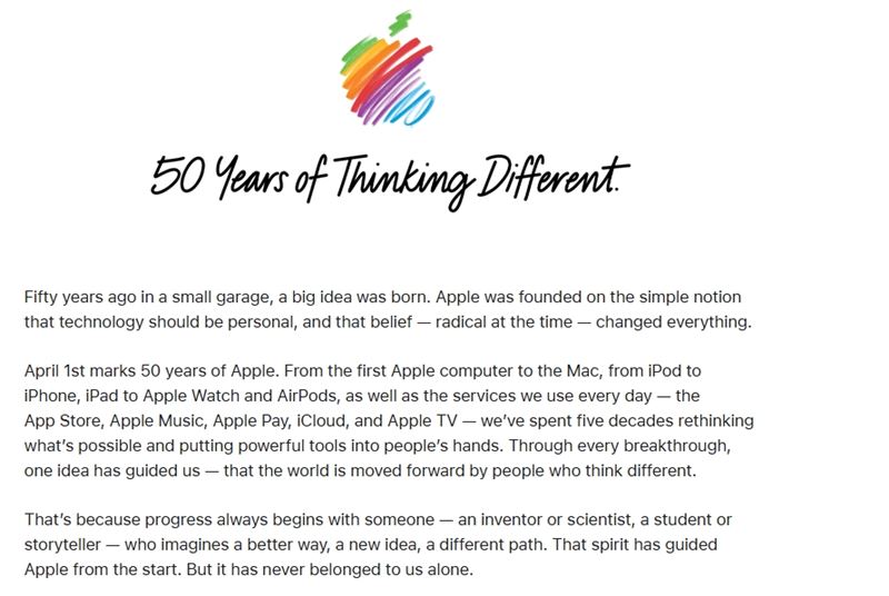 執行長Tim Cook昨（12）日晚間發布一封公開信表示，為紀念這一重要時刻，公司將在未來幾週展開一系列「慶祝不同凡想」活動，向50年來成就蘋果的人致敬。（圖／翻攝自蘋果官網）