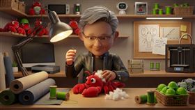 【GTC2026】NVIDIA GTC 2026在大會現場設立巨型看板，象徵AI新紀元正式開啟，吸引全球科技精英朝聖。輝達釋出的Q版宣傳照中，黃仁勳親手縫製「龍蝦」AI助手，象徵科技與人性的完美結合。（圖／翻攝自輝達官網） 