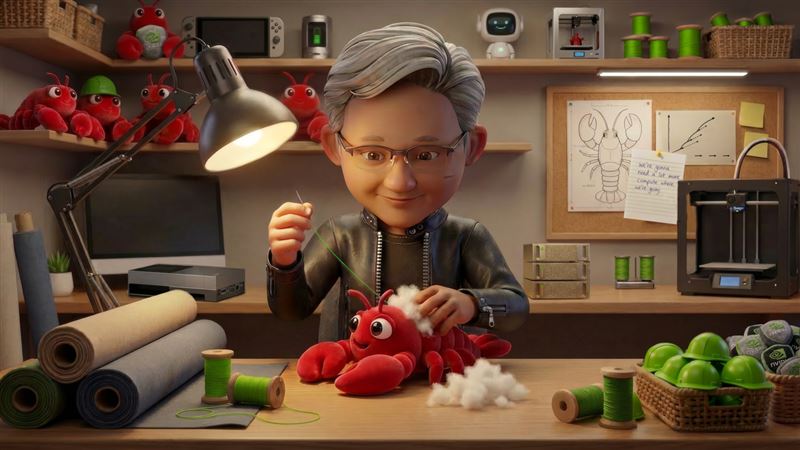 輝達在NVIDIA GTC 2026釋出的Q版宣傳照中，黃仁勳親手縫製「龍蝦」AI助手，牆上釘著龍蝦結構圖、便利貼寫著「we're gonna need a lot more compute where we're going」（我們需要更多算力才能前進），象徵科技與人性的完美結合。（圖／翻攝自輝達官網）